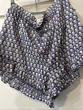 J. Crew Blue and White Floral Ruffle Tie-Front Blouse